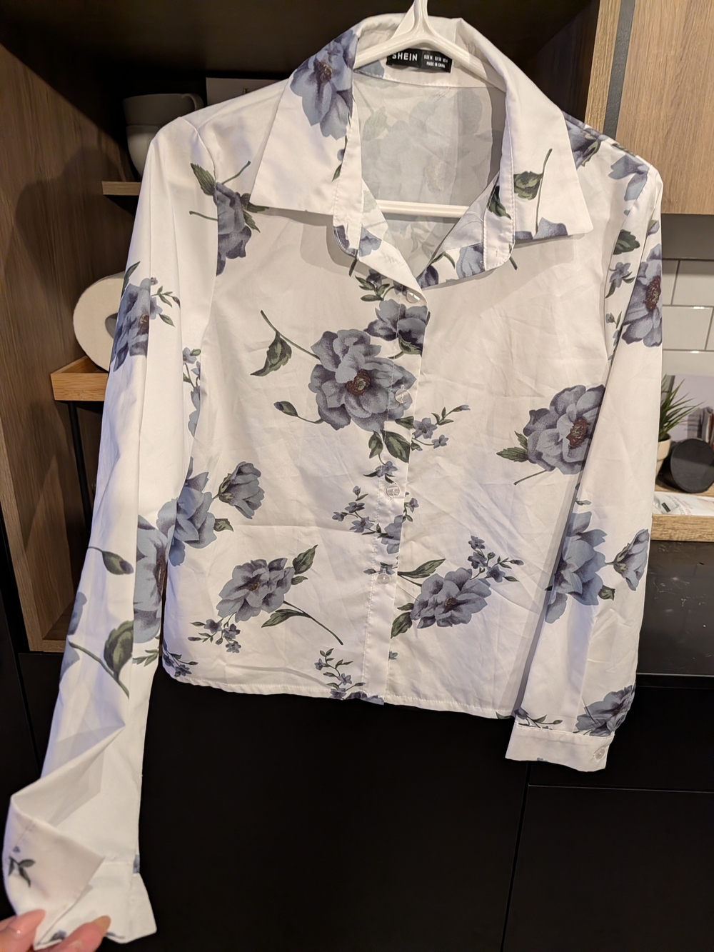 SHEIN White Button-Up Blouse with Blue Floral Print